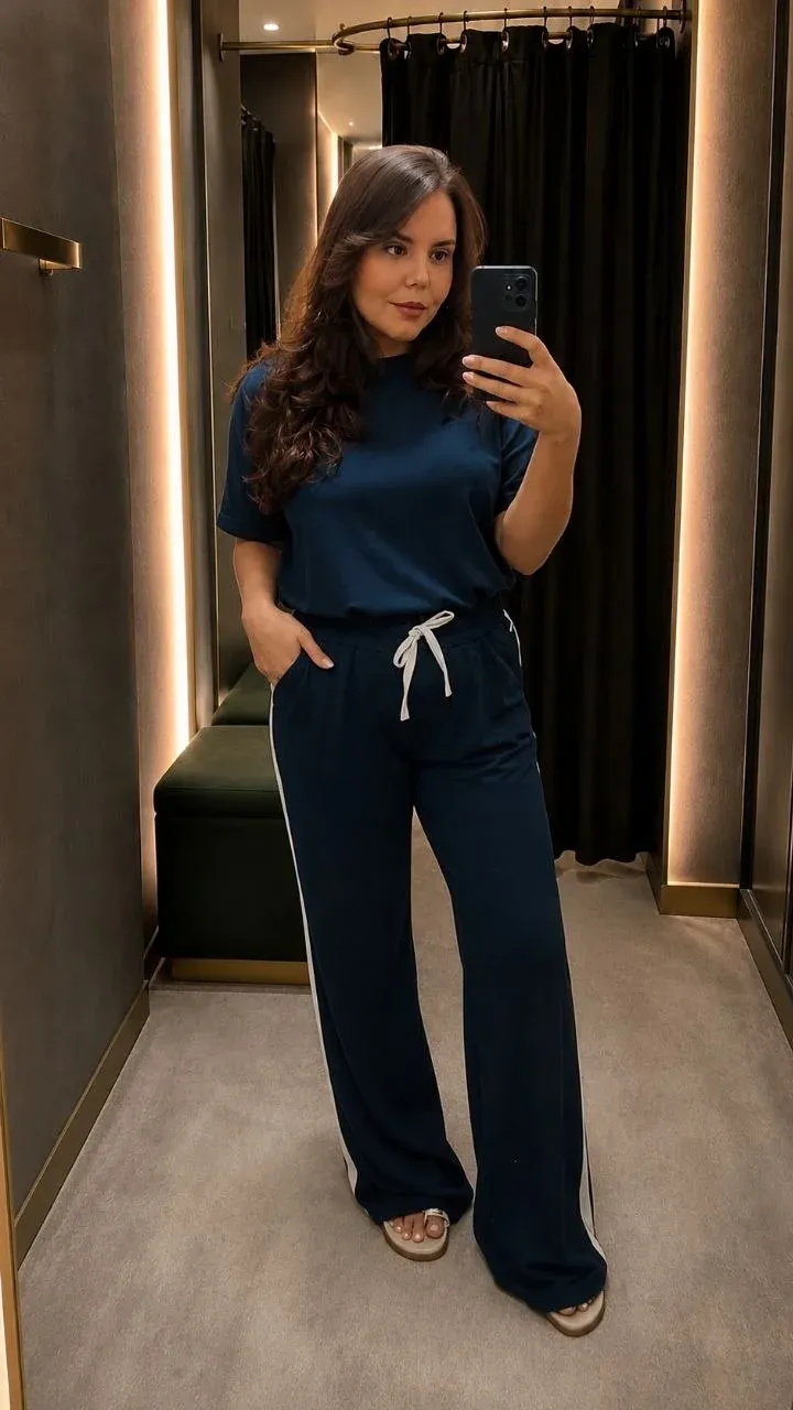 Conjunto em malha azul marinho, com blusa básica e calça wide leg. Detalhe de faixa lateral branca e amarração na cintura.